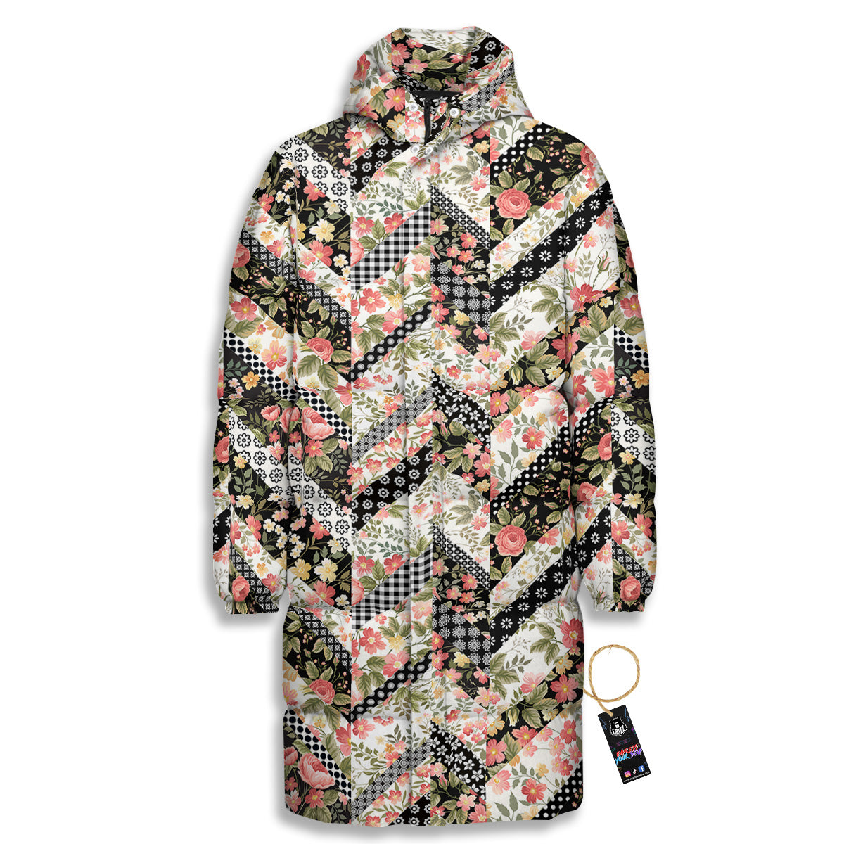 Zigzag Floral Patchwork Print Pattern Long Down Jacket-grizzshop