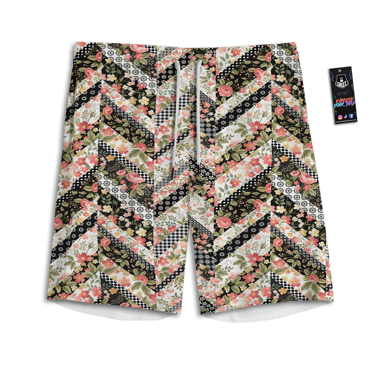 Zigzag Floral Patchwork Print Pattern Men's Athletic Shorts