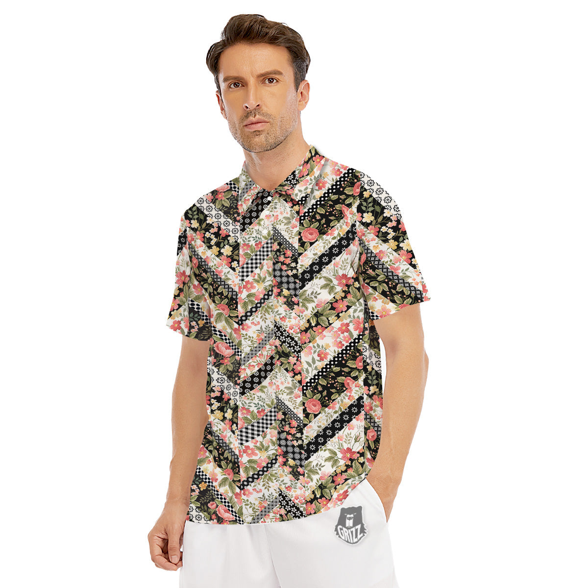 Zigzag Floral Patchwork Print Pattern Men's Golf Shirts-grizzshop