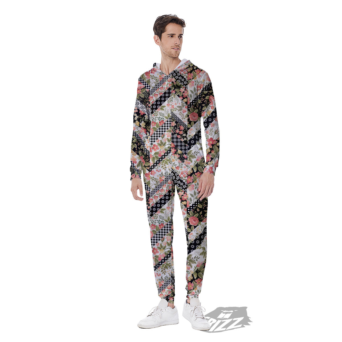 Zigzag Floral Patchwork Print Pattern Men's Jumpsuit-grizzshop