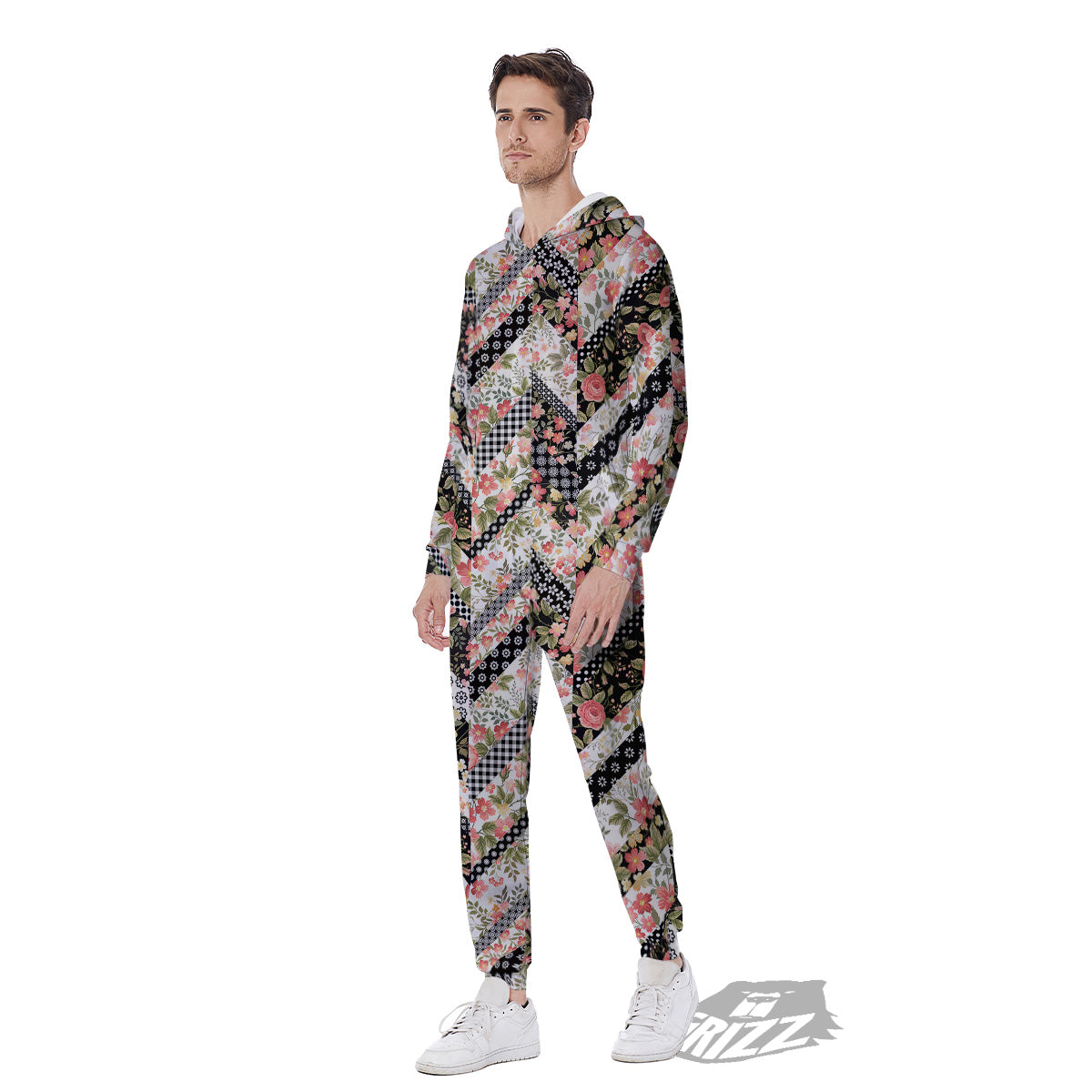 Zigzag Floral Patchwork Print Pattern Men's Jumpsuit-grizzshop