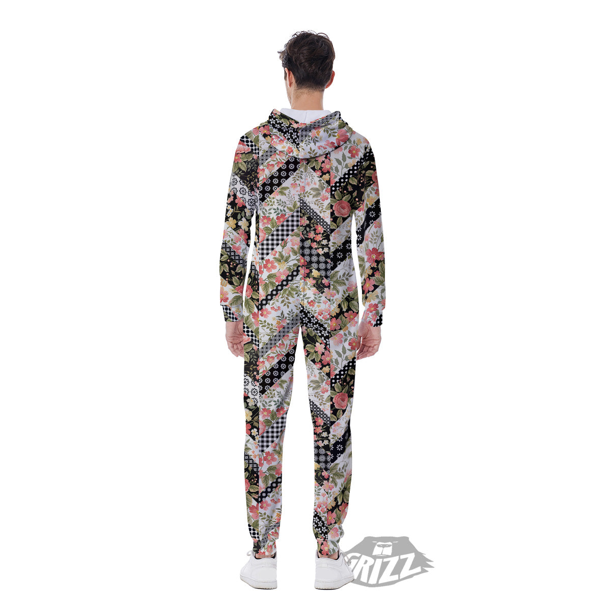 Zigzag Floral Patchwork Print Pattern Men's Jumpsuit-grizzshop