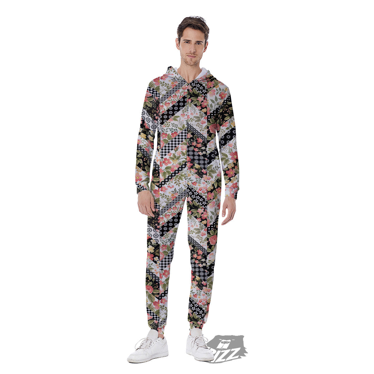 Zigzag Floral Patchwork Print Pattern Men's Jumpsuit-grizzshop
