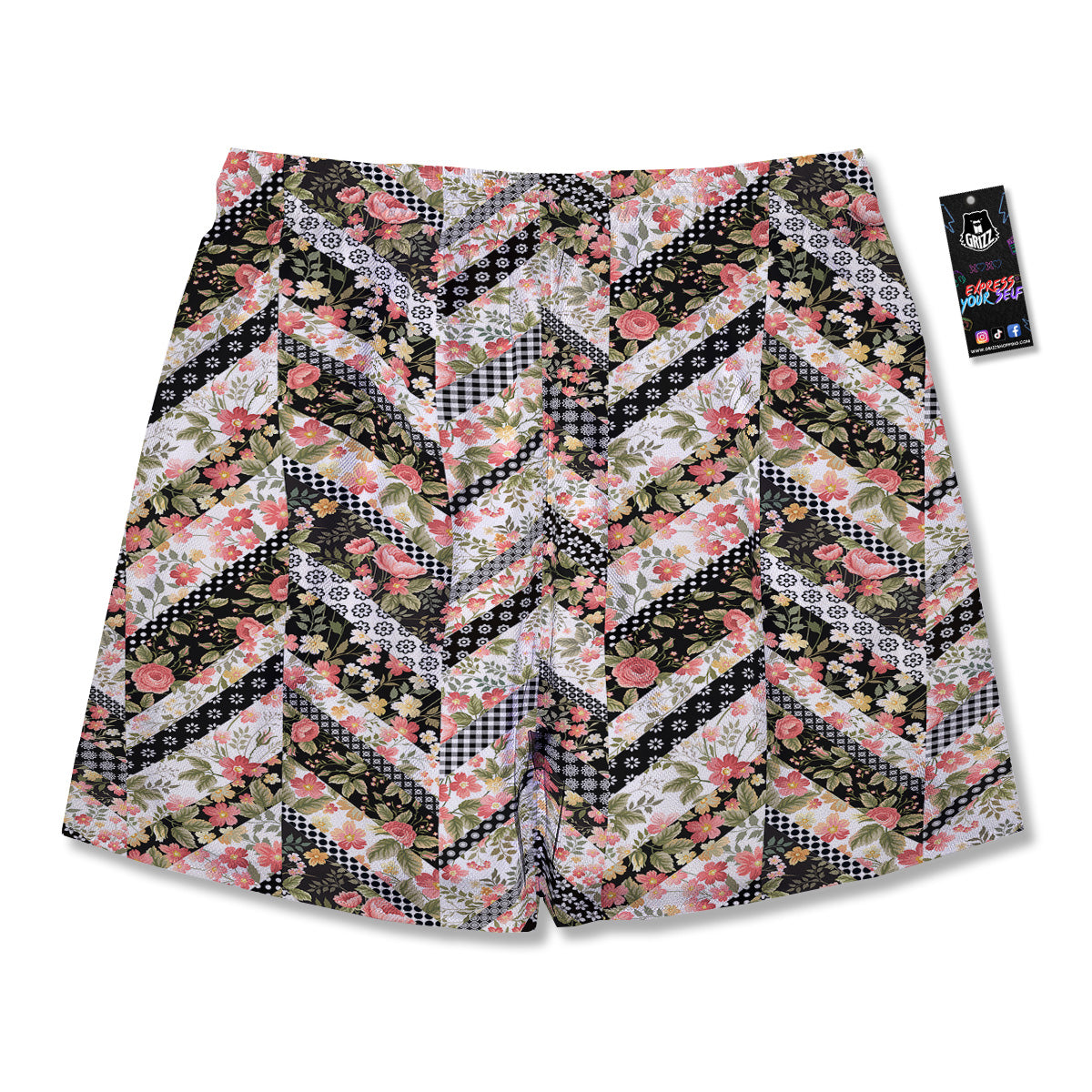 Zigzag Floral Patchwork Print Pattern Men's Running Shorts-grizzshop