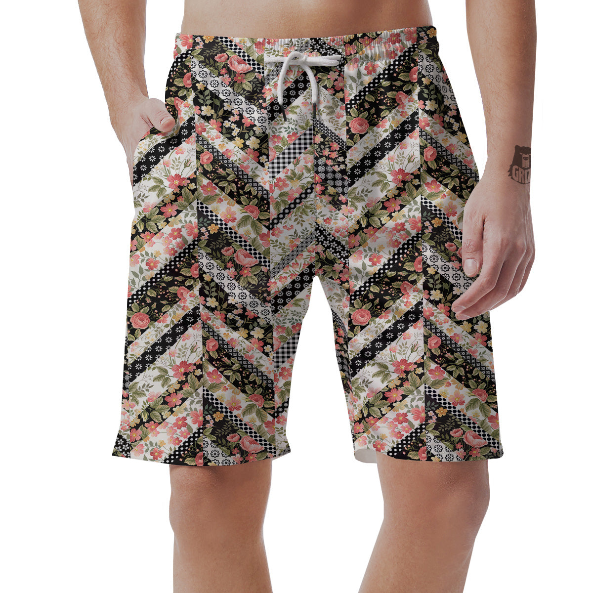 Zigzag Floral Patchwork Print Pattern Men's Shorts-grizzshop