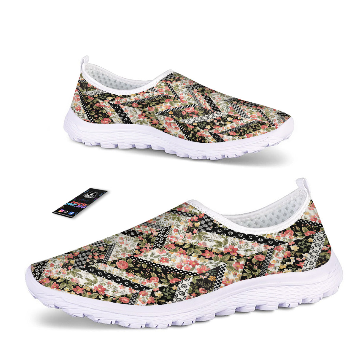 Zigzag Floral Patchwork Print Pattern Nurse Shoes-grizzshop