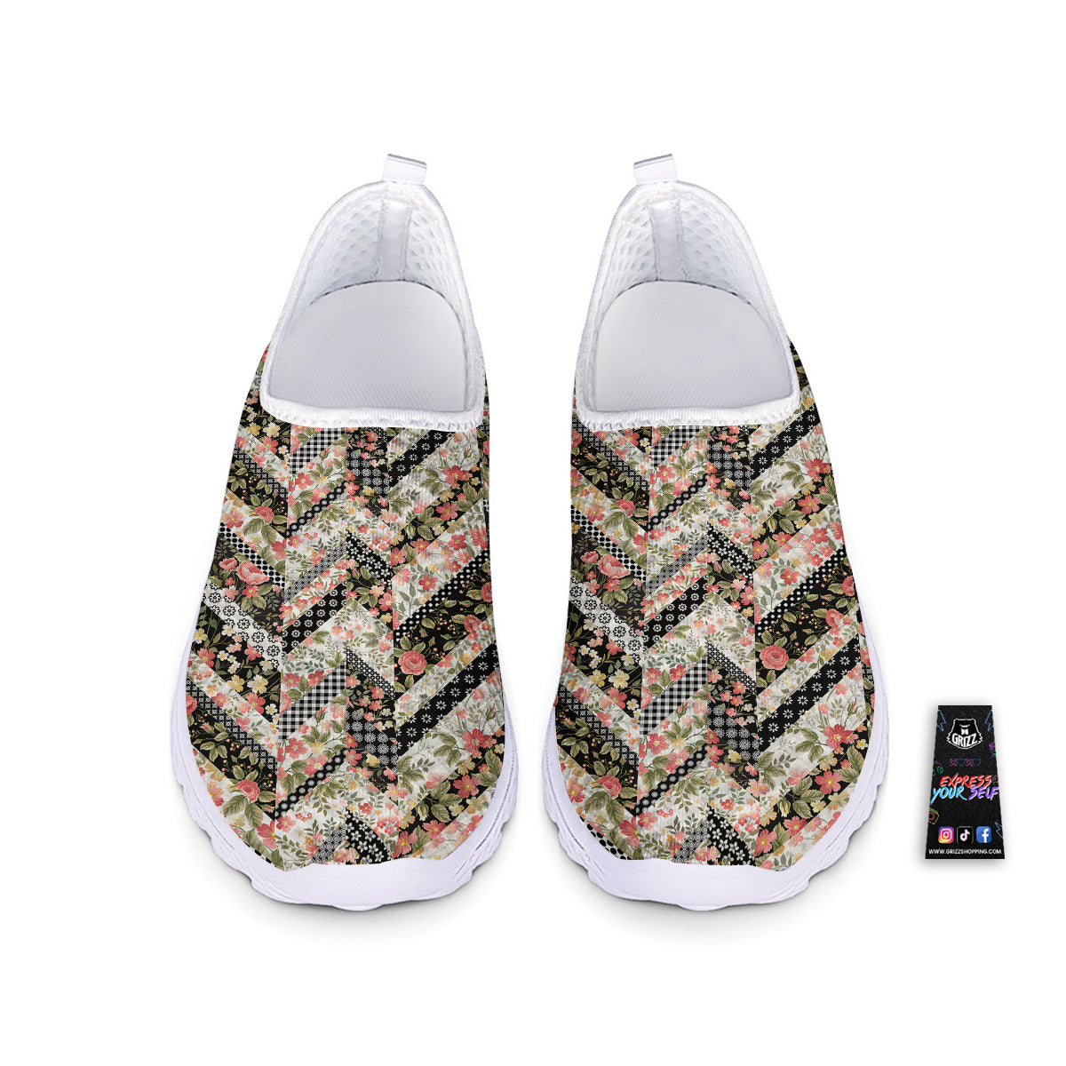 Zigzag Floral Patchwork Print Pattern Nurse Shoes-grizzshop
