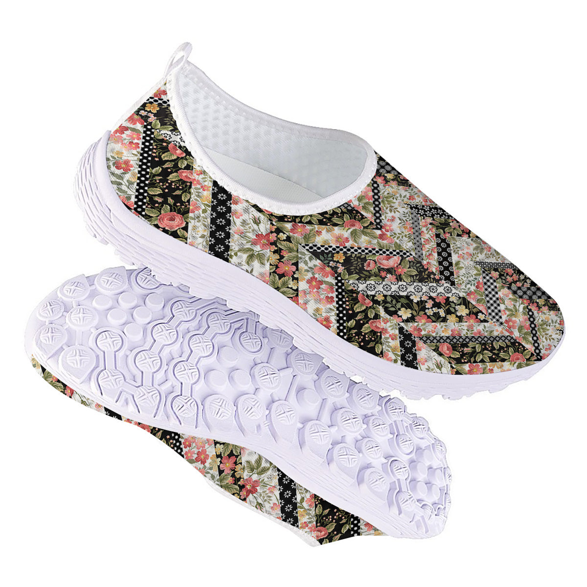 Zigzag Floral Patchwork Print Pattern Nurse Shoes-grizzshop