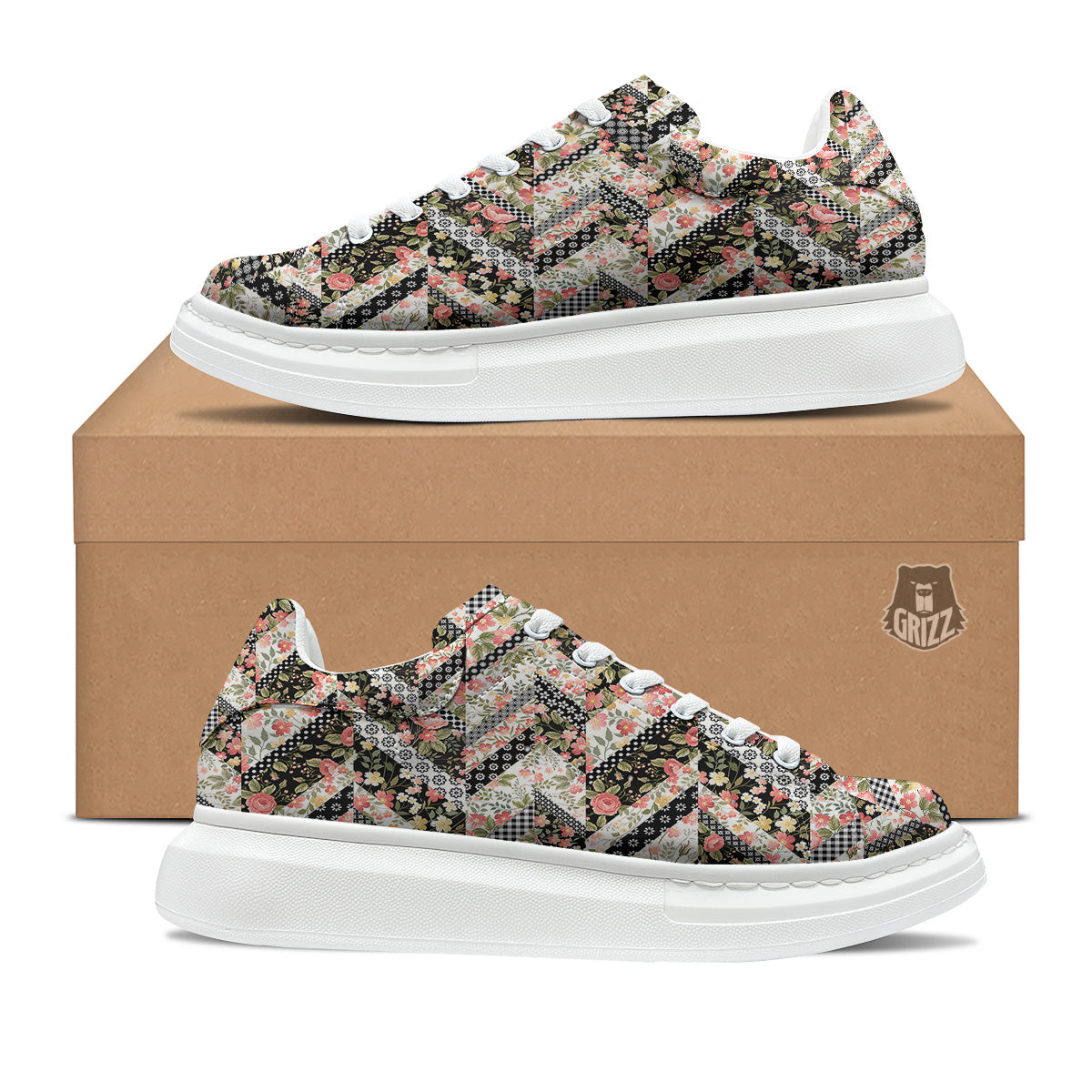 Zigzag Floral Patchwork Print Pattern Platform Shoes-grizzshop