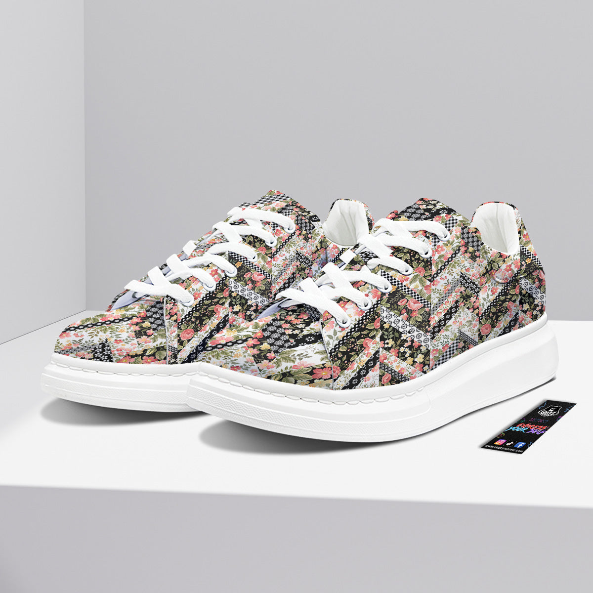 Zigzag Floral Patchwork Print Pattern Platform Shoes-grizzshop