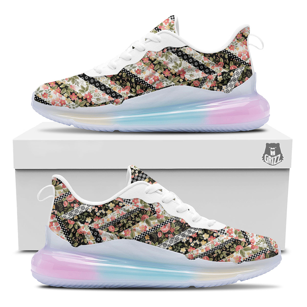 Zigzag Floral Patchwork Print Pattern Running Sneakers-grizzshop