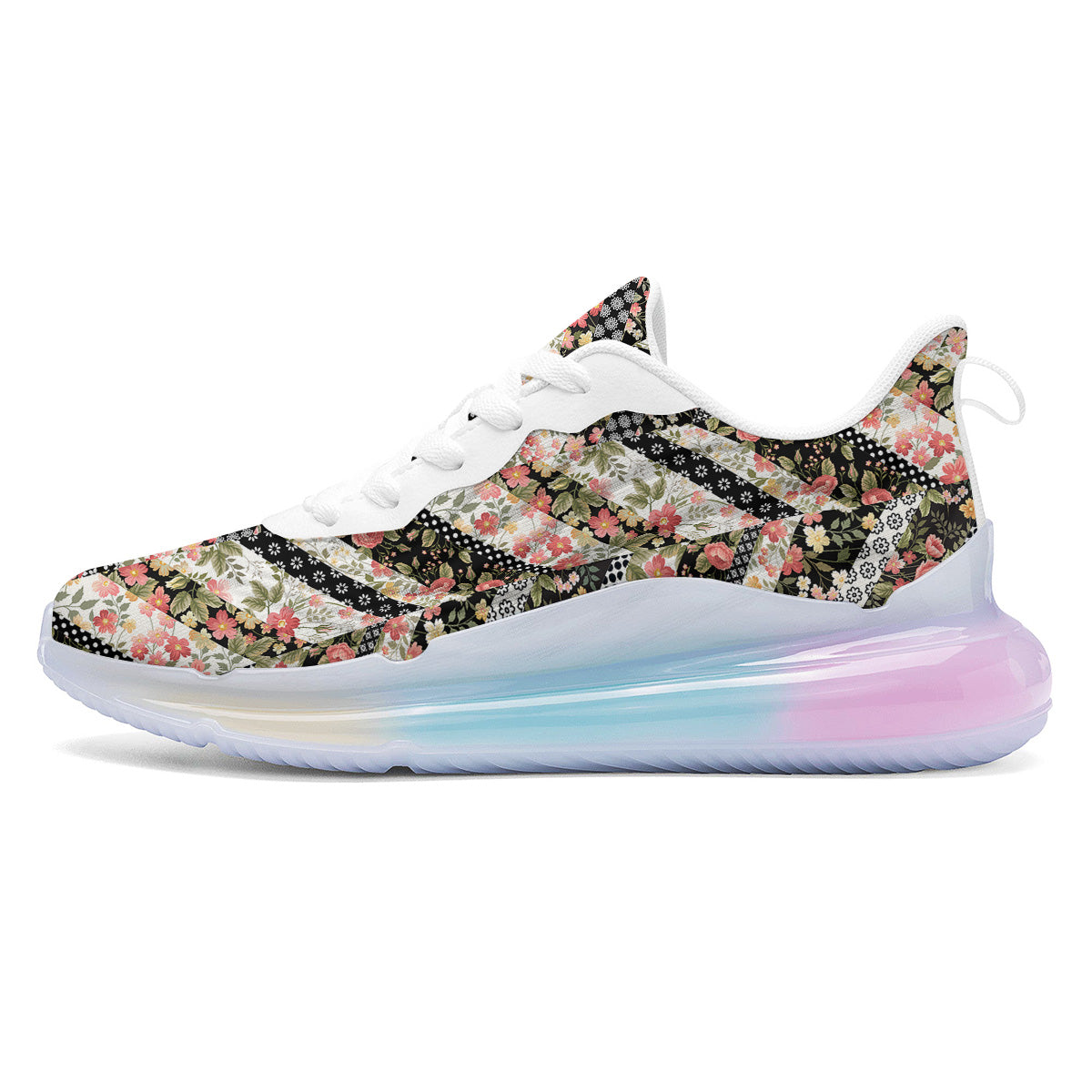 Zigzag Floral Patchwork Print Pattern Running Sneakers-grizzshop