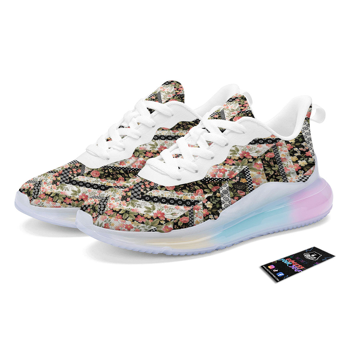 Zigzag Floral Patchwork Print Pattern Running Sneakers-grizzshop