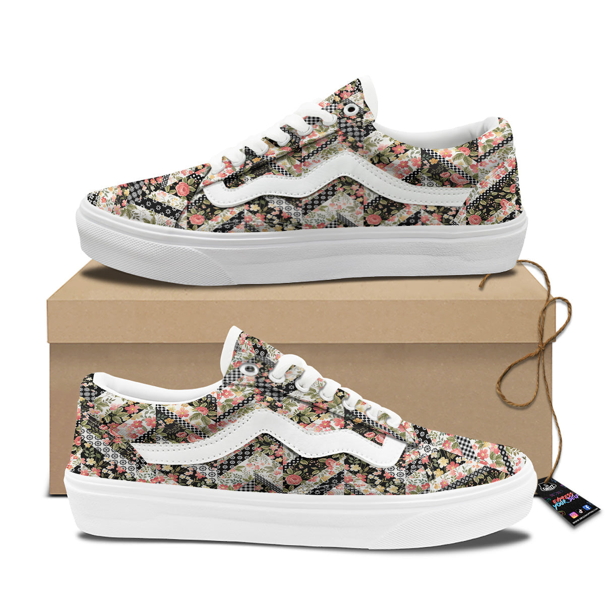 Zigzag Floral Patchwork Print Pattern Skate Shoes-grizzshop