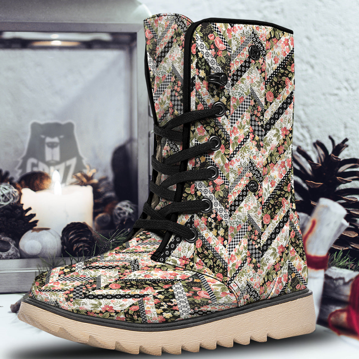 Zigzag Floral Patchwork Print Pattern Snow Boots-grizzshop