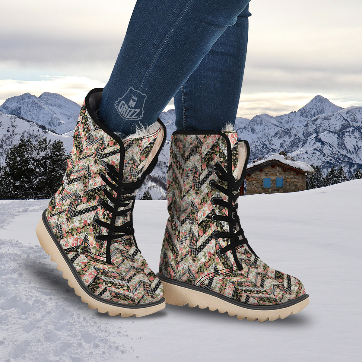 Zigzag Floral Patchwork Print Pattern Snow Boots-grizzshop