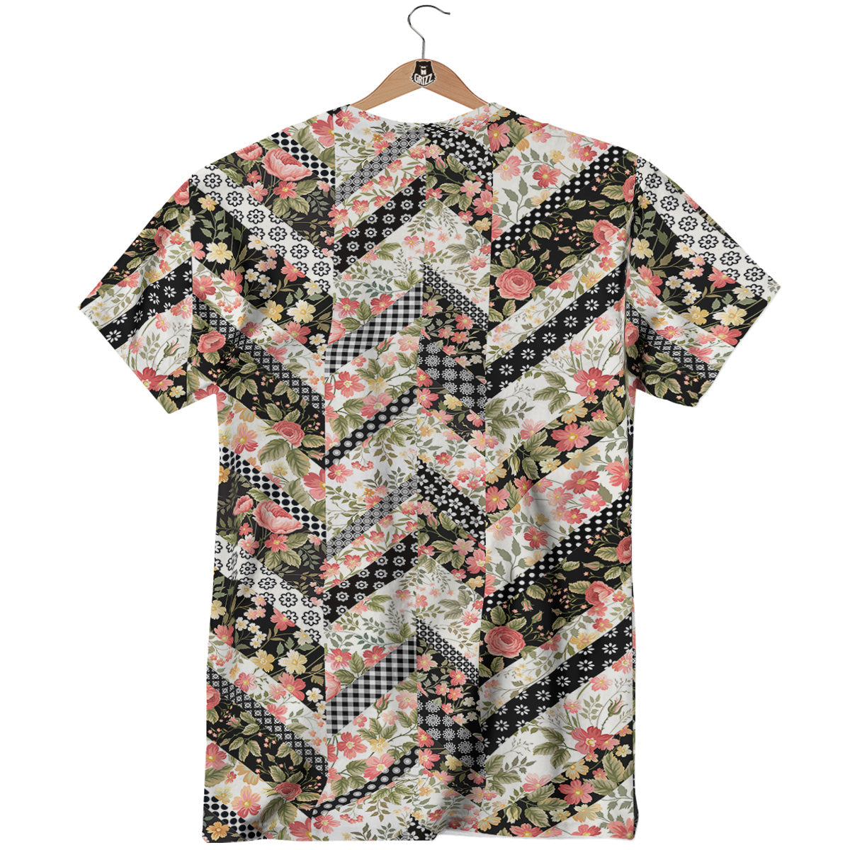 Zigzag Floral Patchwork Print Pattern T-Shirt-grizzshop