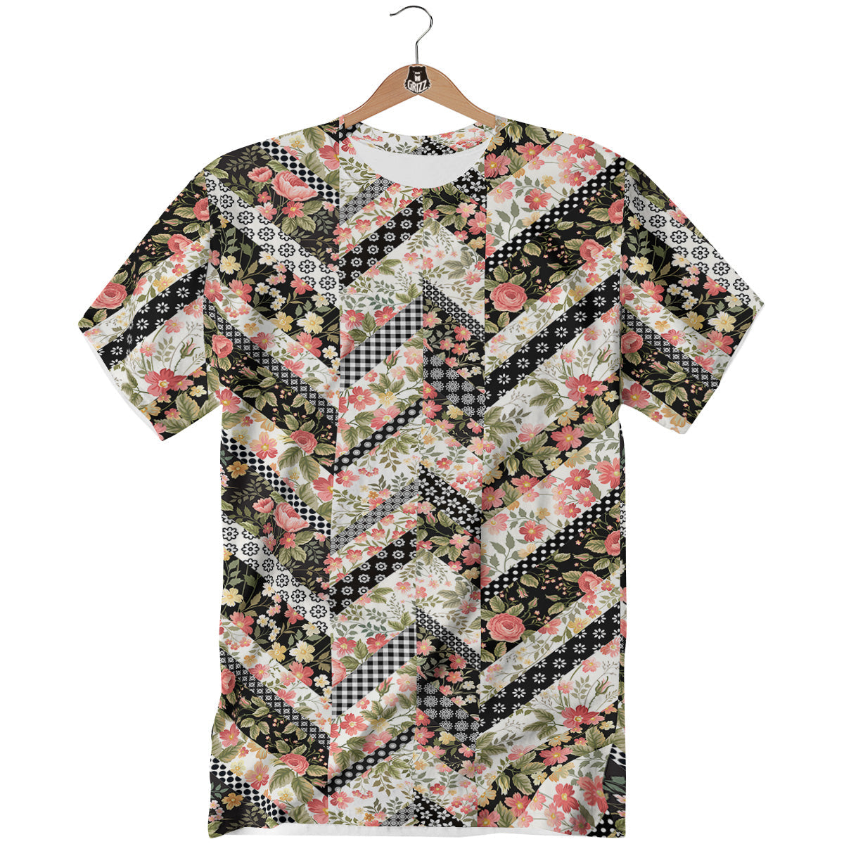 Zigzag Floral Patchwork Print Pattern T-Shirt-grizzshop