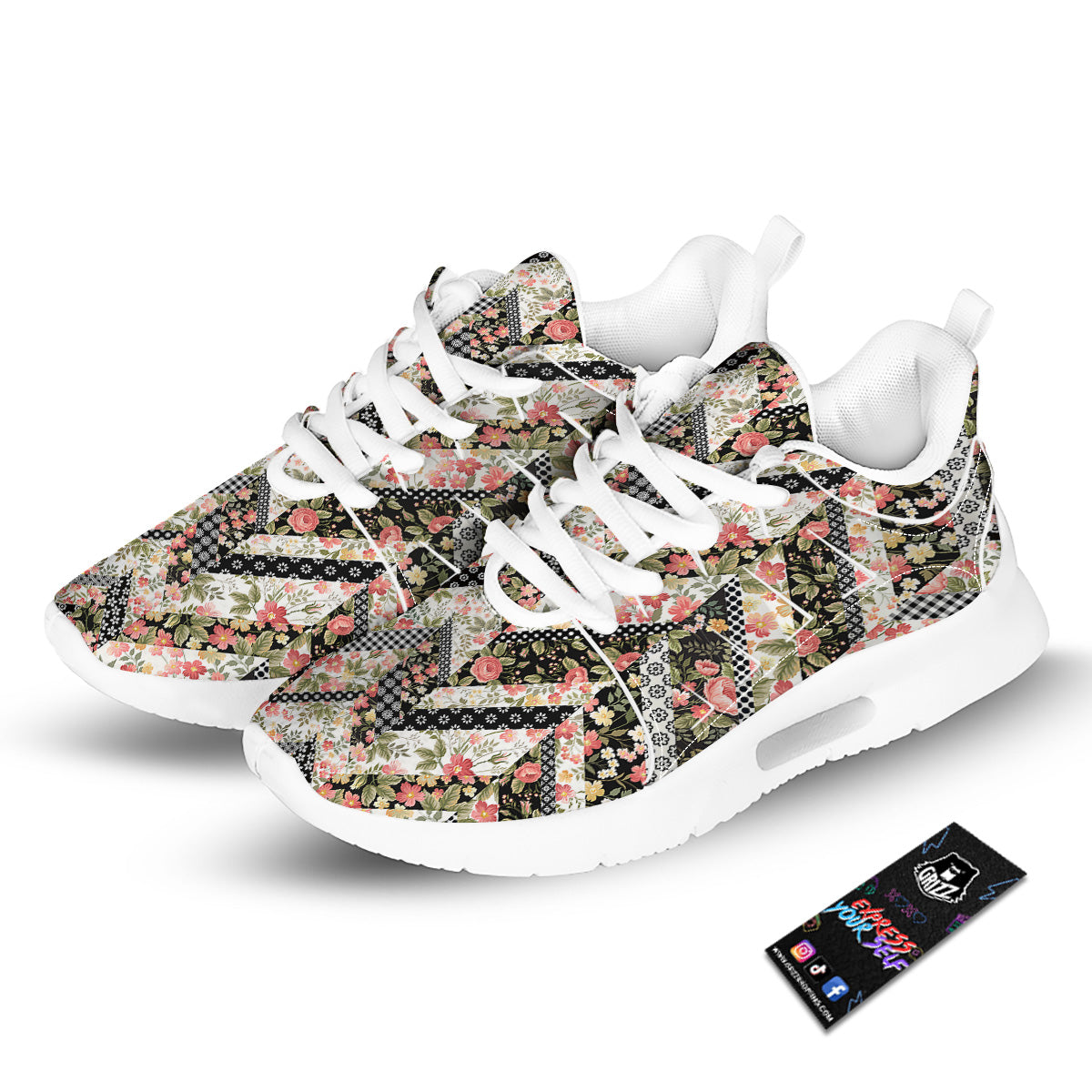 Zigzag Floral Patchwork Print Pattern Tennis Shoes-grizzshop