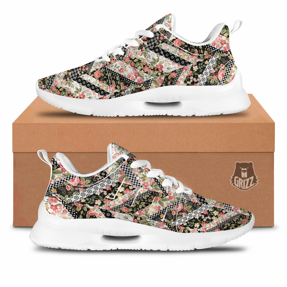 Zigzag Floral Patchwork Print Pattern Tennis Shoes-grizzshop