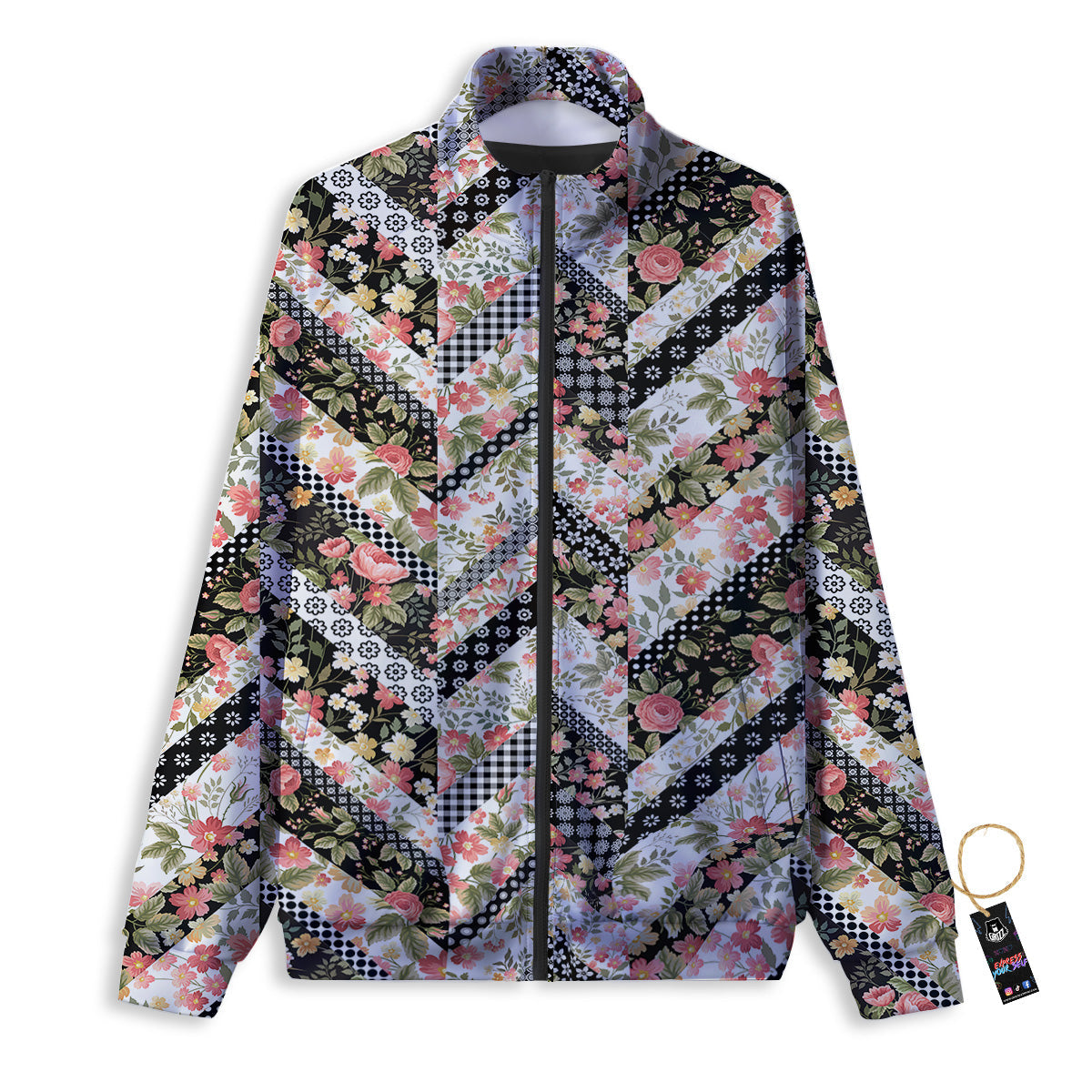 Zigzag Floral Patchwork Print Pattern Track Jacket-grizzshop
