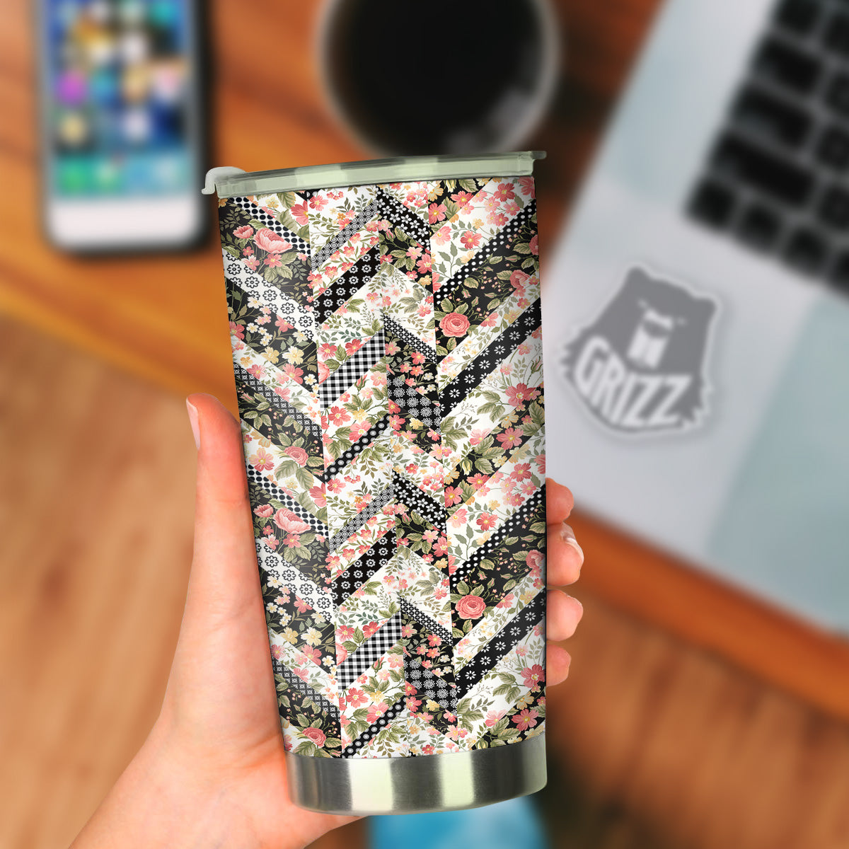 Zigzag Floral Patchwork Print Pattern Tumbler-grizzshop