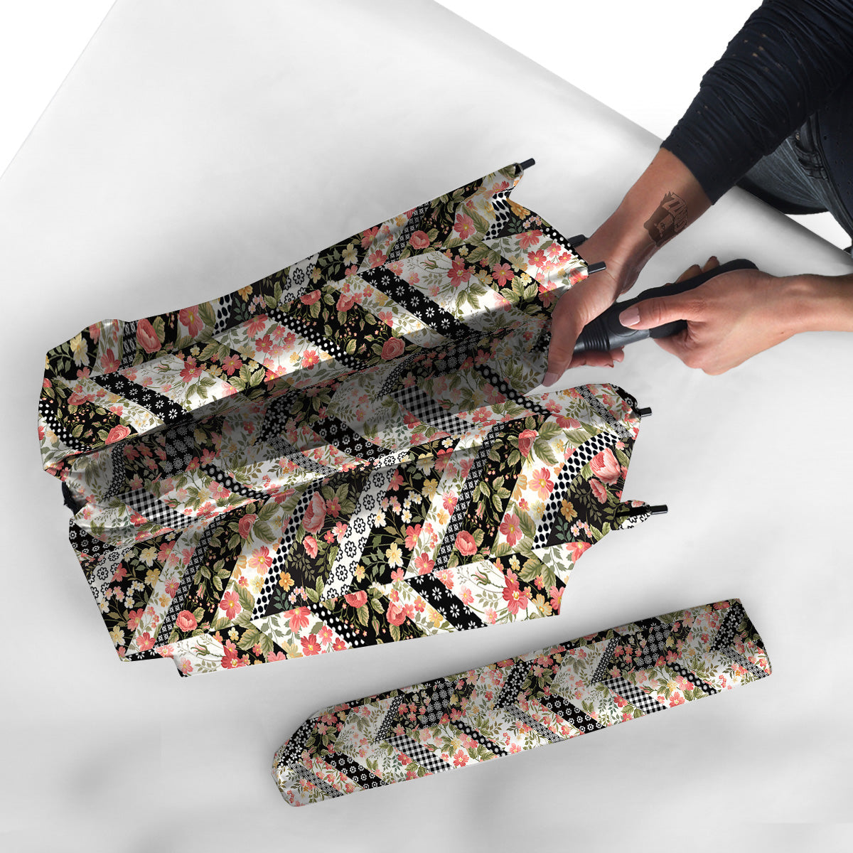 Zigzag Floral Patchwork Print Pattern Umbrella-grizzshop