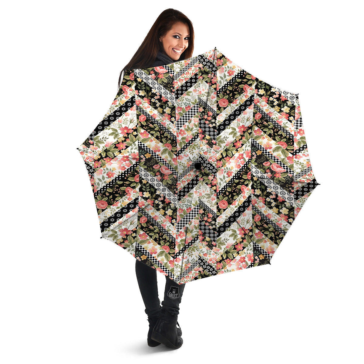 Zigzag Floral Patchwork Print Pattern Umbrella-grizzshop