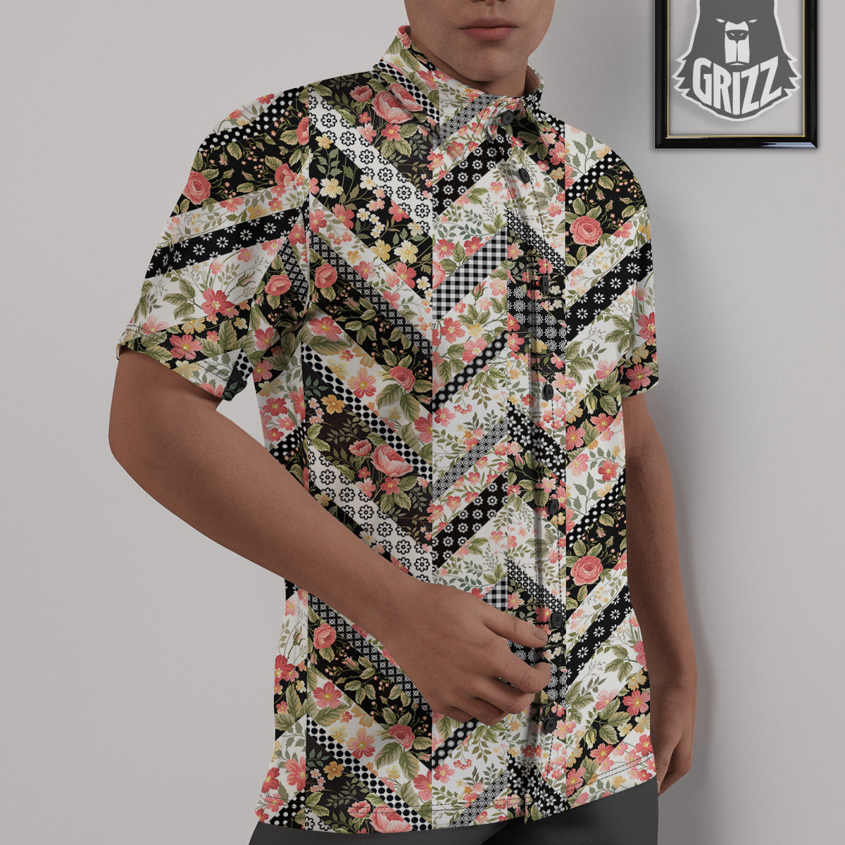 Zigzag Floral Patchwork Print Pattern Untucked Shirts-grizzshop