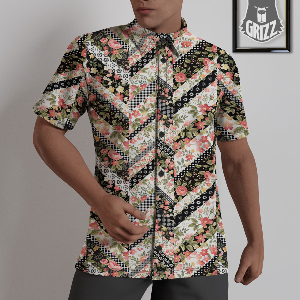 Zigzag Floral Patchwork Print Pattern Untucked Shirts-grizzshop