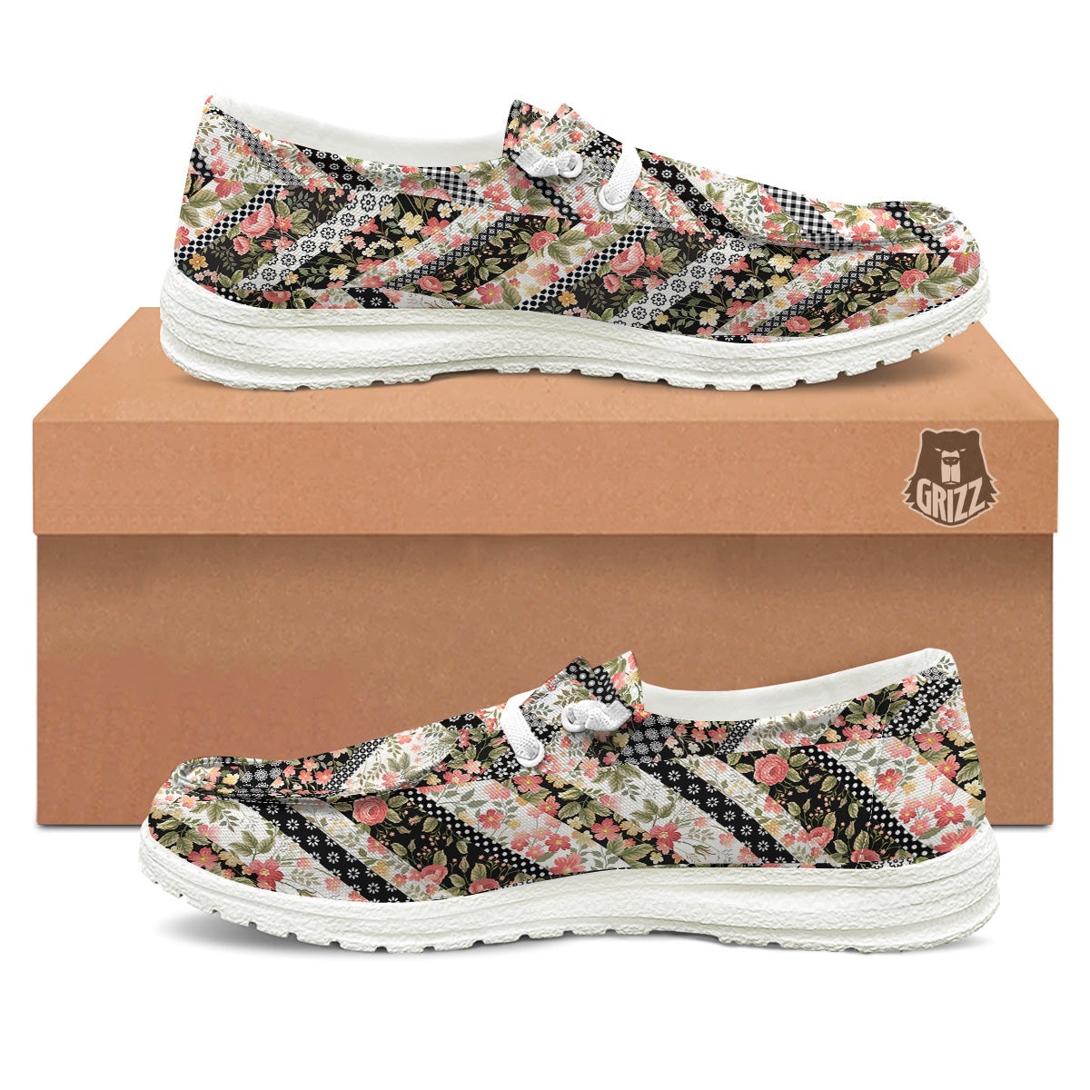 Zigzag Floral Patchwork Print Pattern White Loafers-grizzshop