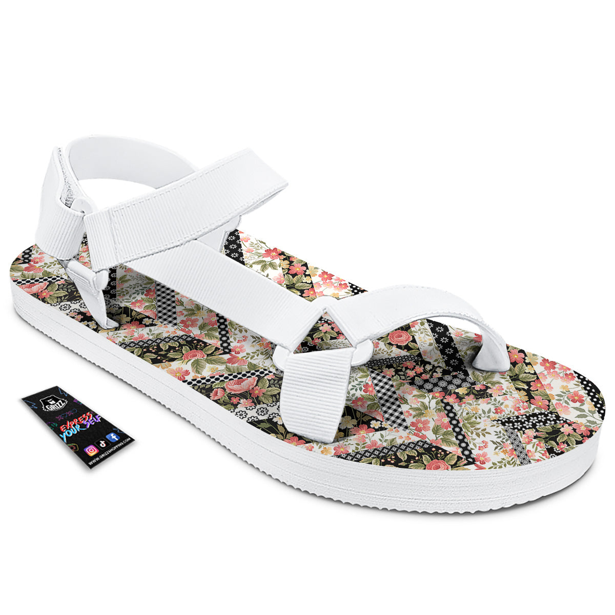 Zigzag Floral Patchwork Print Pattern White Open Toe Sandals-grizzshop