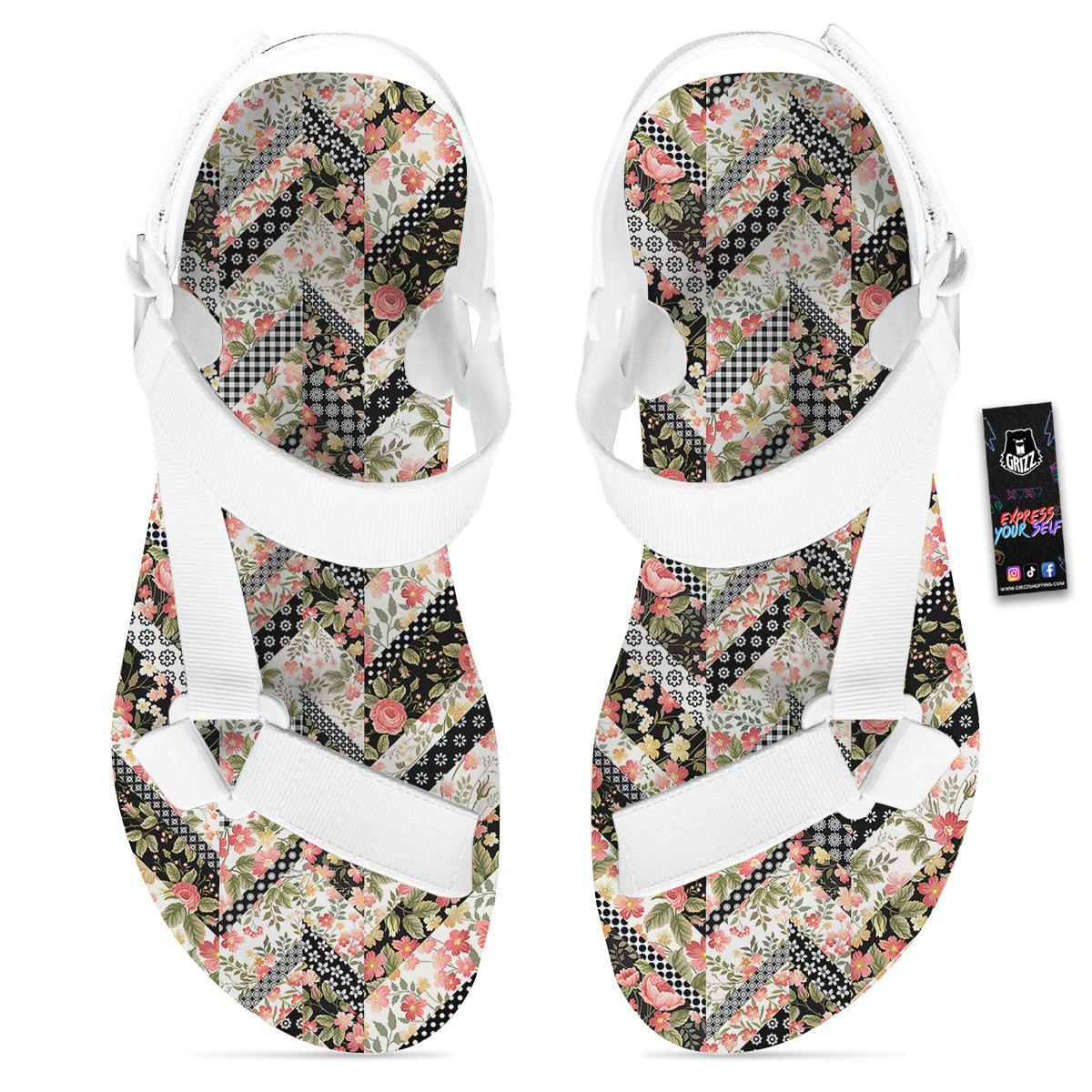 Zigzag Floral Patchwork Print Pattern White Open Toe Sandals-grizzshop
