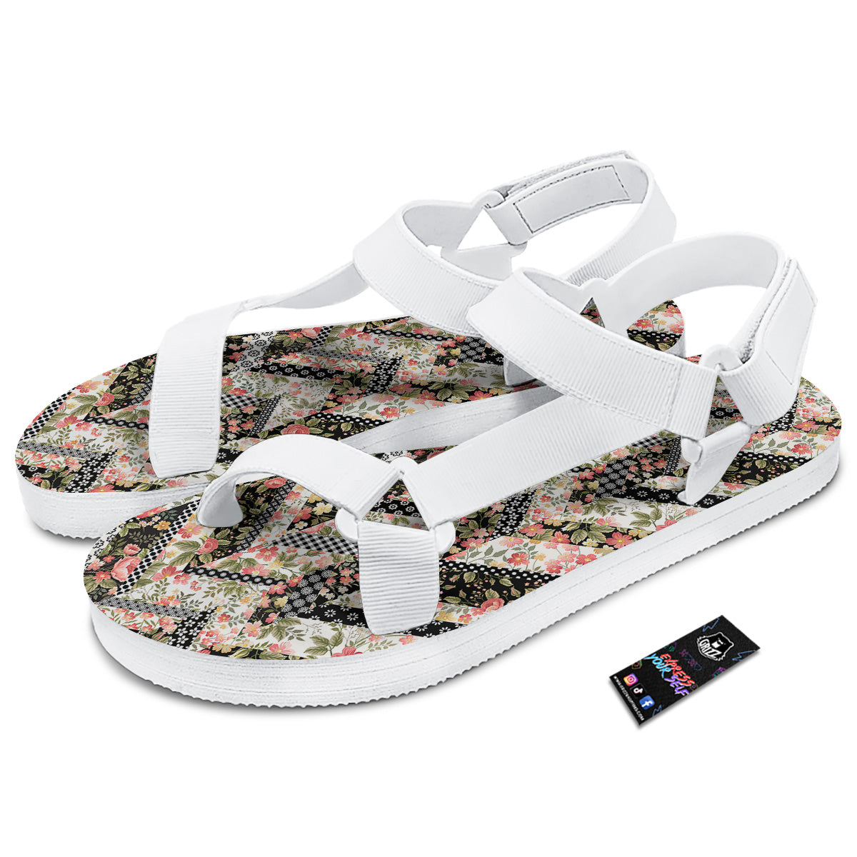 Zigzag Floral Patchwork Print Pattern White Open Toe Sandals-grizzshop