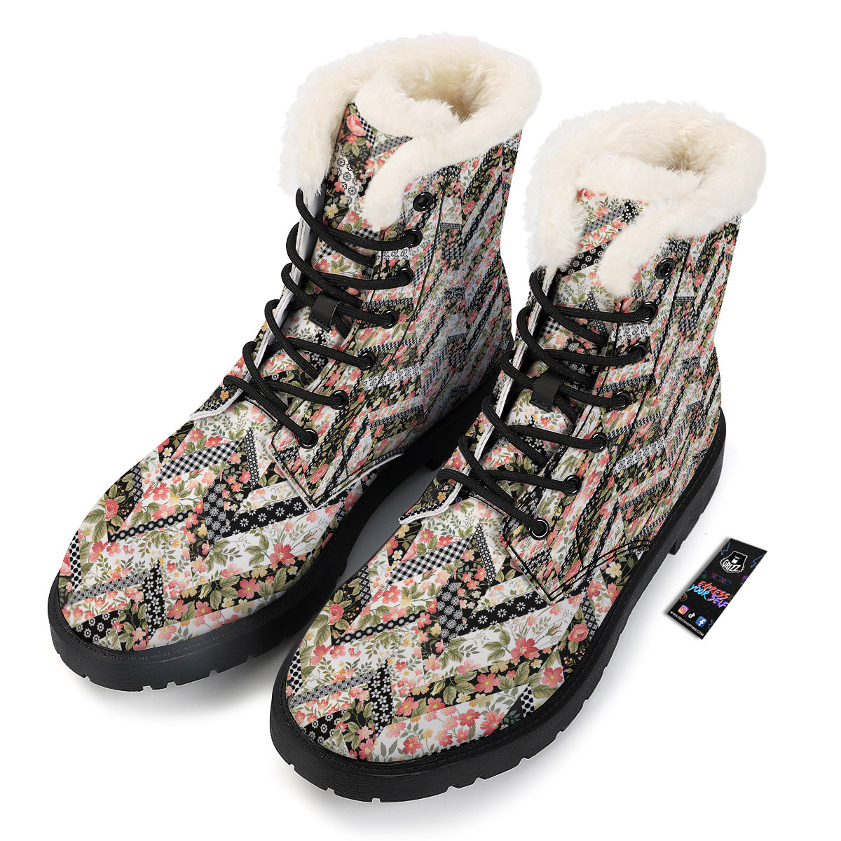 Zigzag Floral Patchwork Print Pattern Winter Boots-grizzshop
