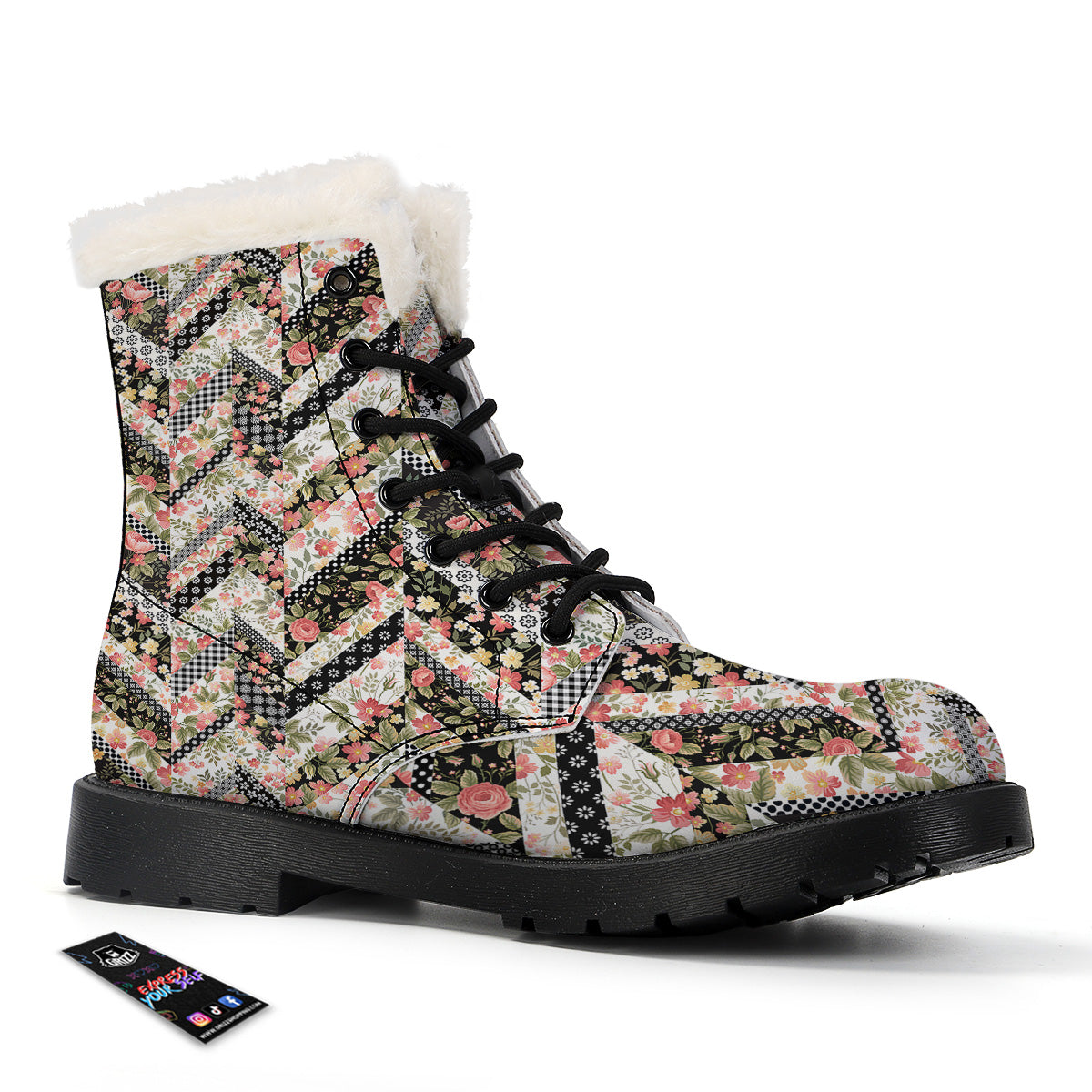 Zigzag Floral Patchwork Print Pattern Winter Boots-grizzshop