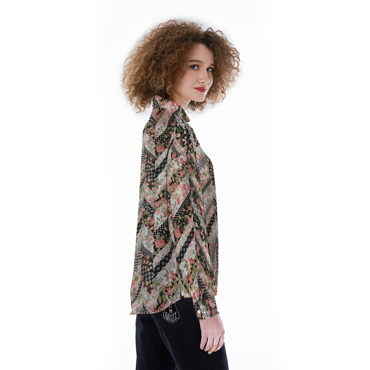 Zigzag Floral Patchwork Print Pattern Women's Long Sleeve Shirts-grizzshop