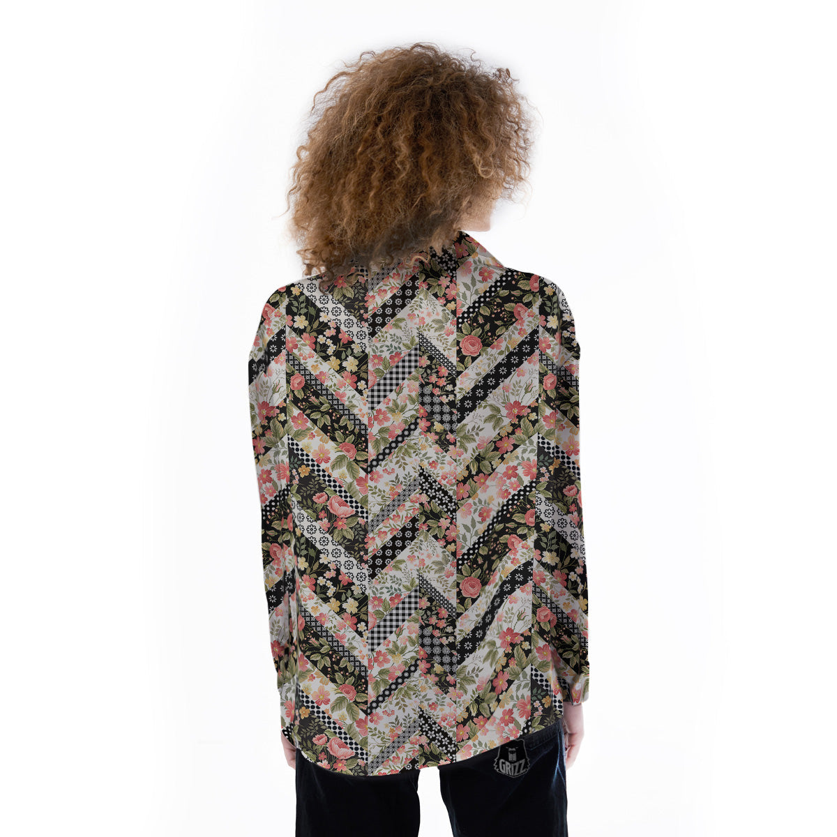 Zigzag Floral Patchwork Print Pattern Women's Long Sleeve Shirts-grizzshop