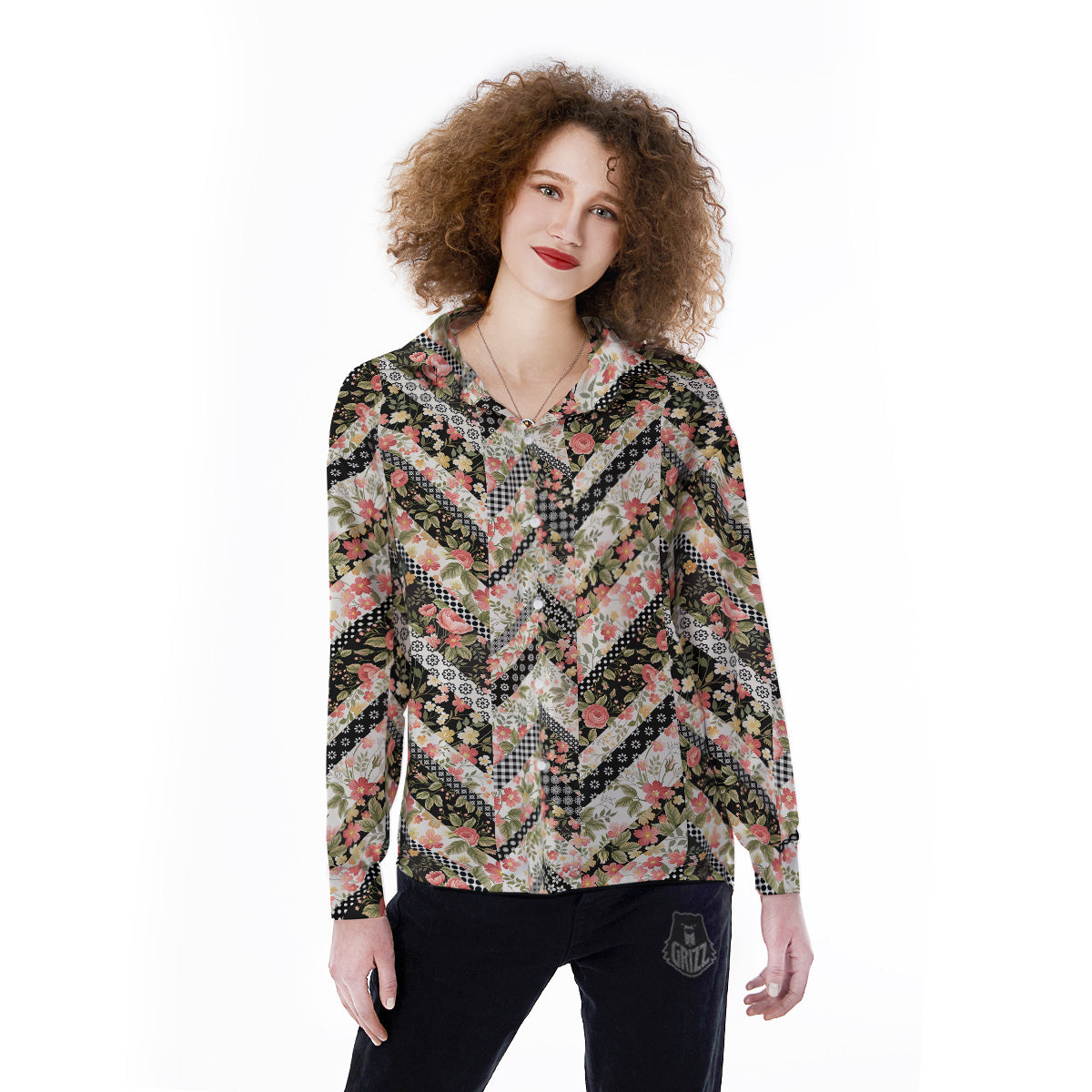 Zigzag Floral Patchwork Print Pattern Women's Long Sleeve Shirts-grizzshop