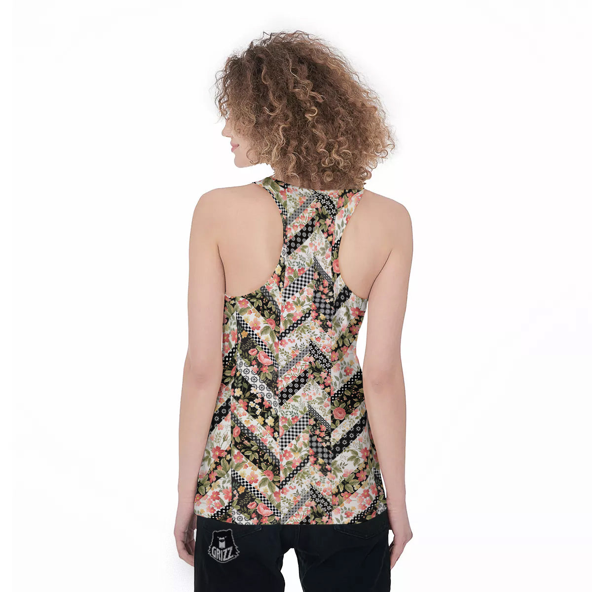 Zigzag Floral Patchwork Print Pattern Women's Racerback Tank Top-grizzshop