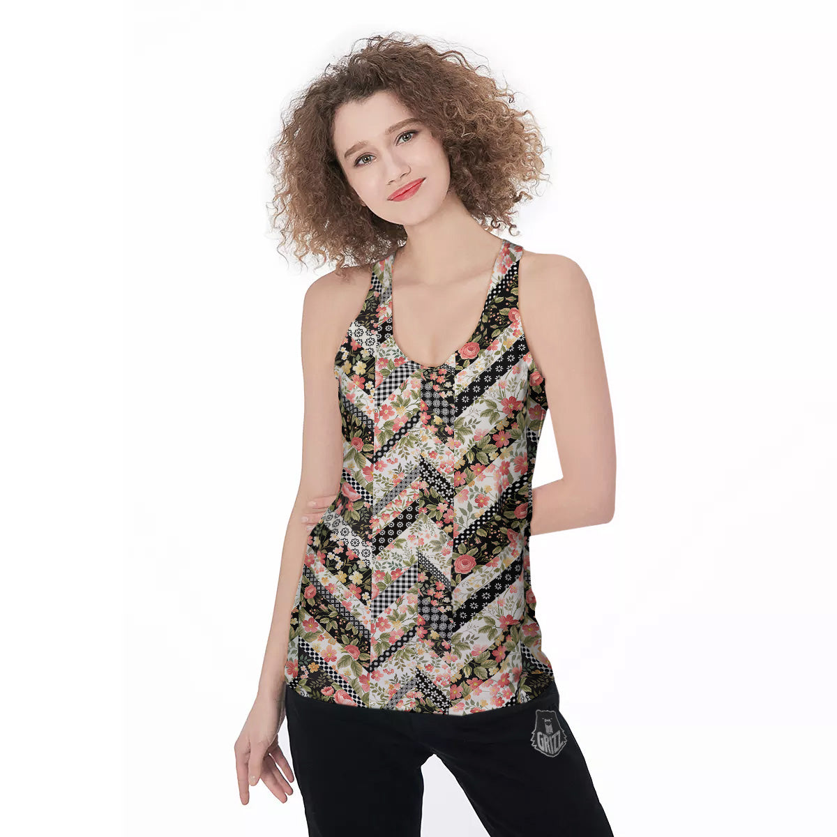 Zigzag Floral Patchwork Print Pattern Women's Racerback Tank Top-grizzshop