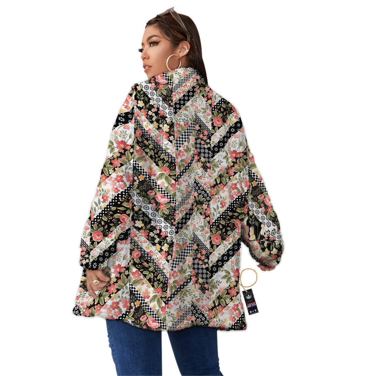 Zigzag Floral Patchwork Print Pattern Women's Sherpa Jacket-grizzshop