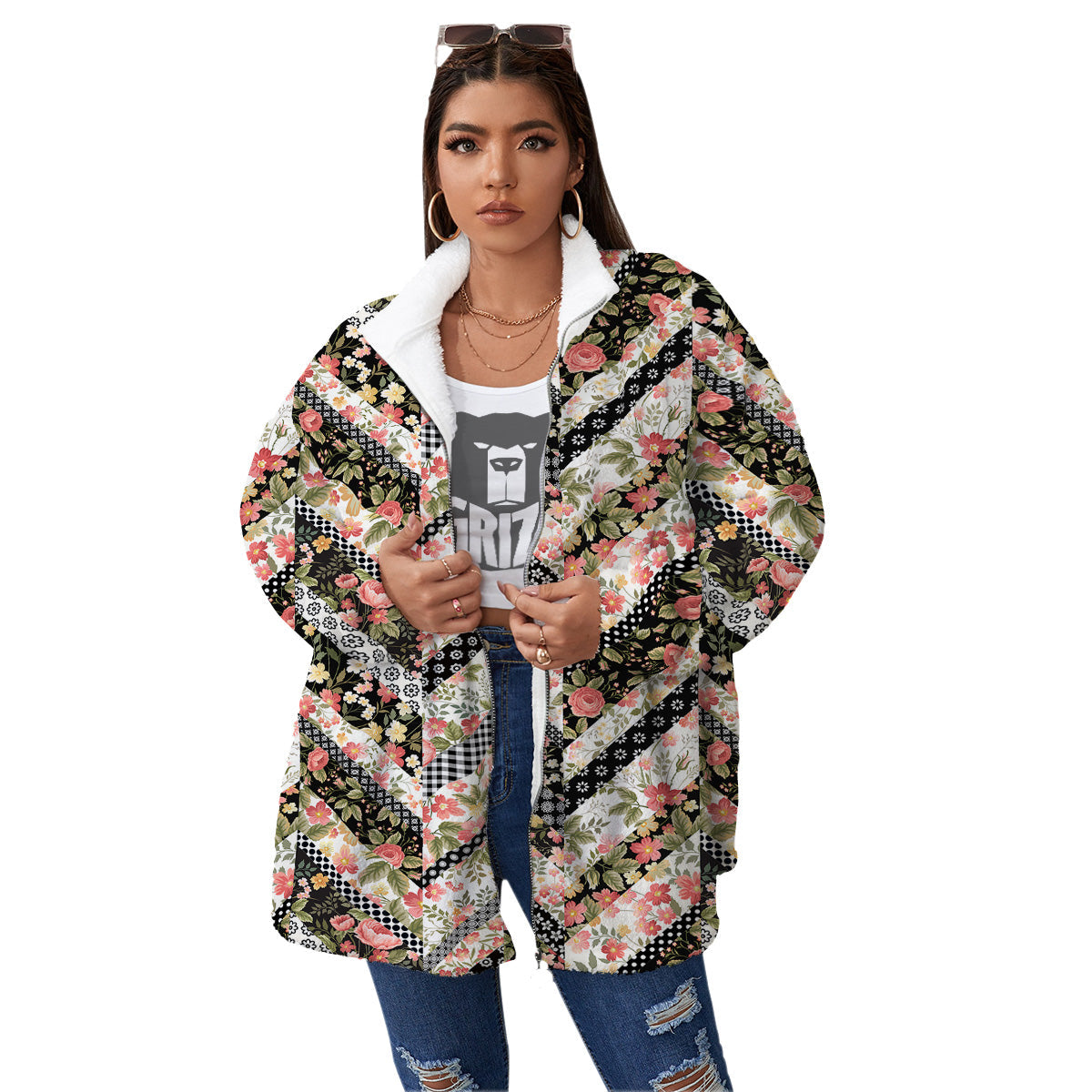 Zigzag Floral Patchwork Print Pattern Women's Sherpa Jacket-grizzshop