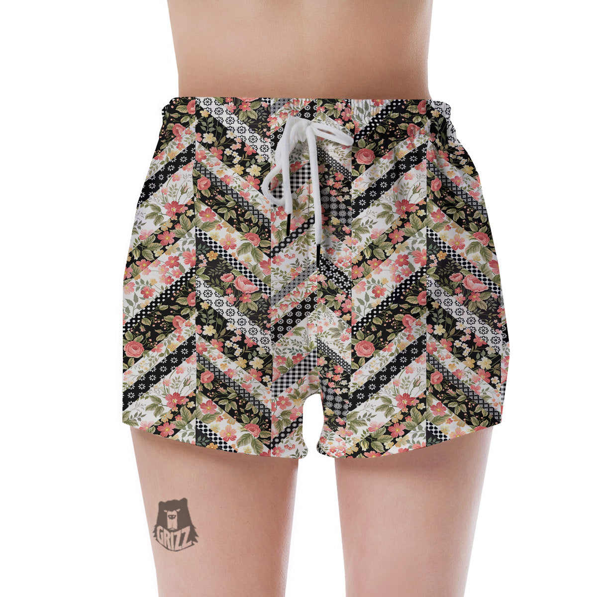 Zigzag Floral Patchwork Print Pattern Women's Shorts-grizzshop
