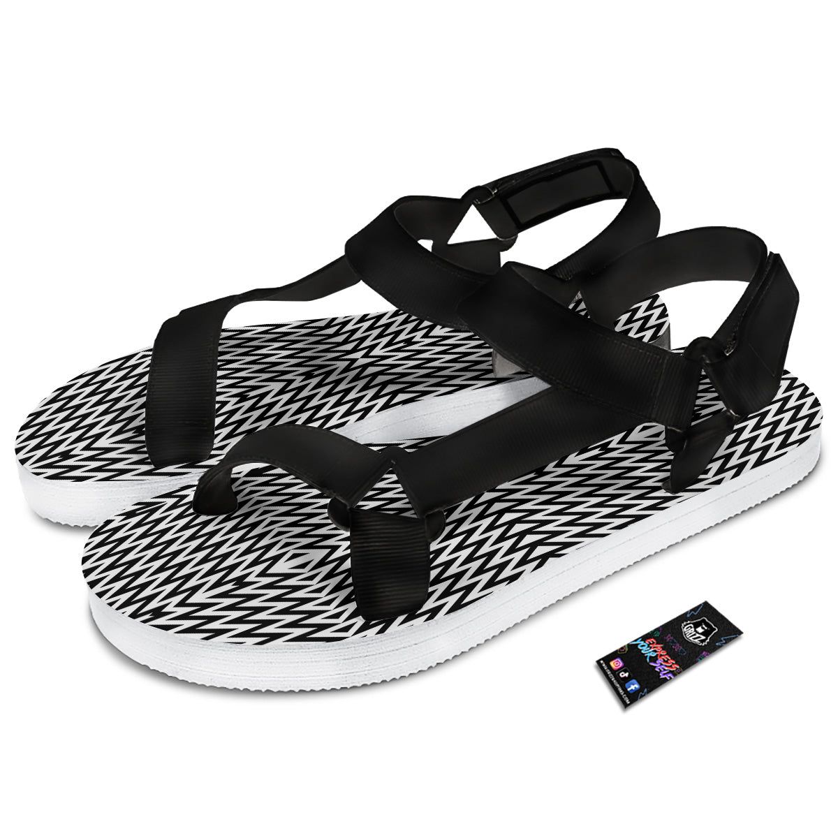 Zigzag Lines Black Print Pattern Black Open Toe Sandals-grizzshop