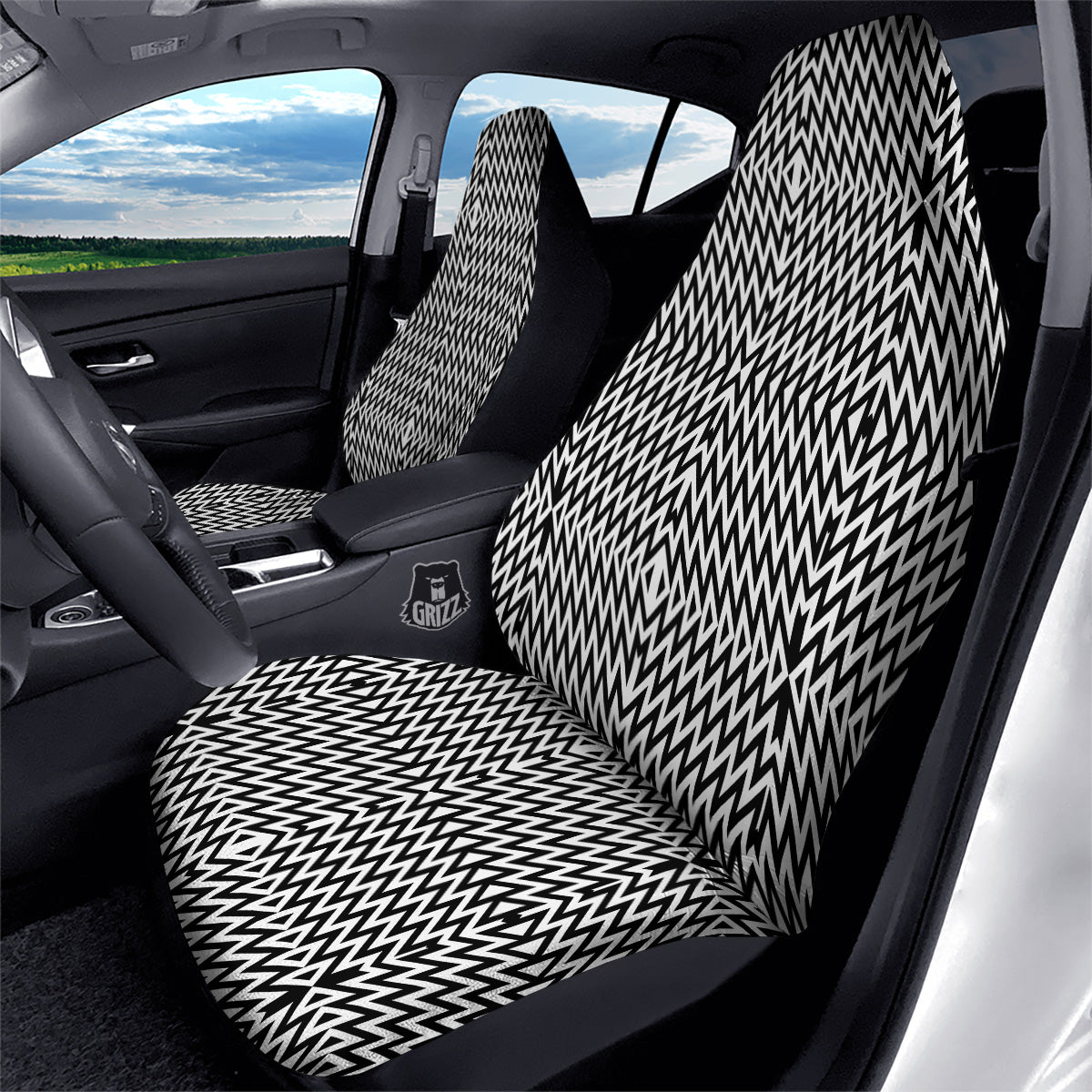 Zigzag Lines Black Print Pattern Car Seat Covers-grizzshop