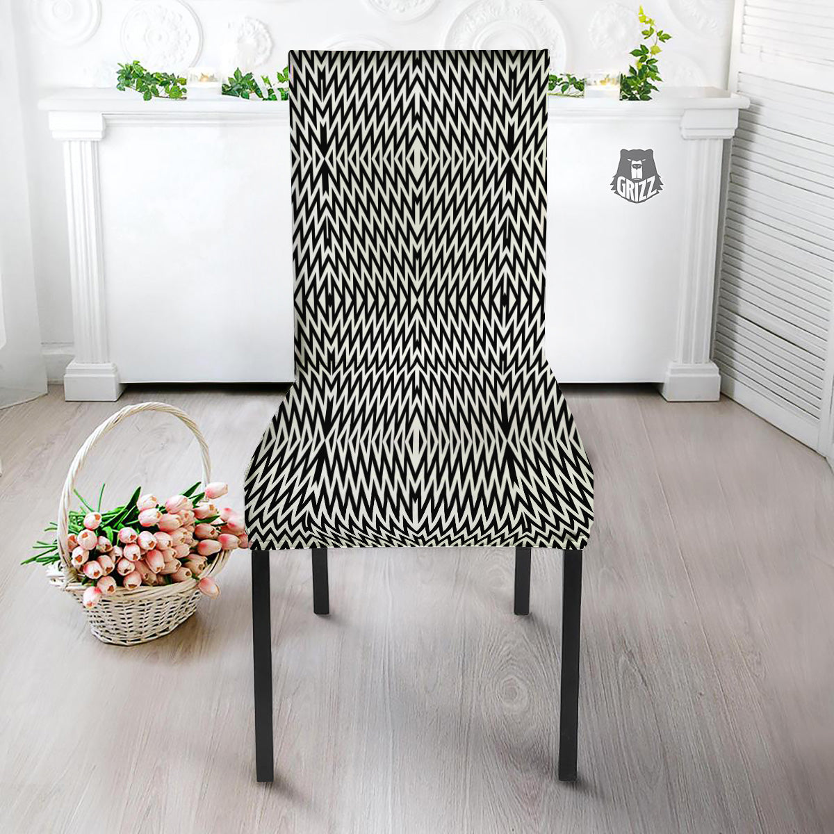 Zigzag Lines Black Print Pattern Dining Chair Slipcover-grizzshop