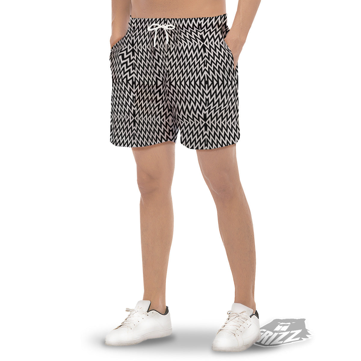 Zigzag Lines Black Print Pattern Men's Gym Shorts-grizzshop