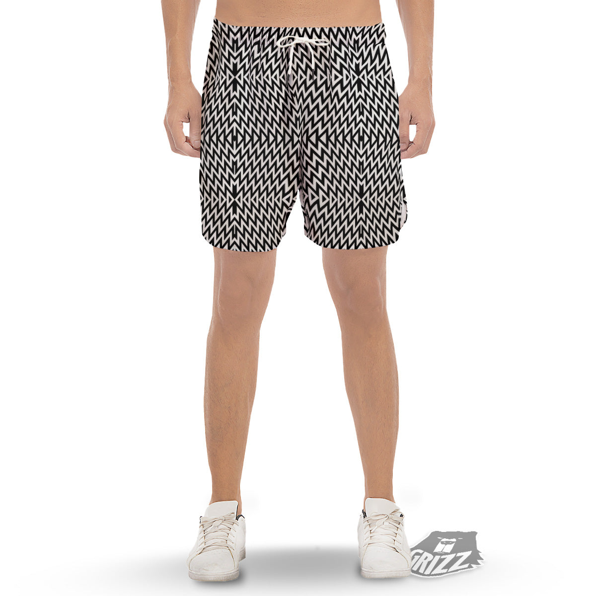 Zigzag Lines Black Print Pattern Men's Gym Shorts-grizzshop