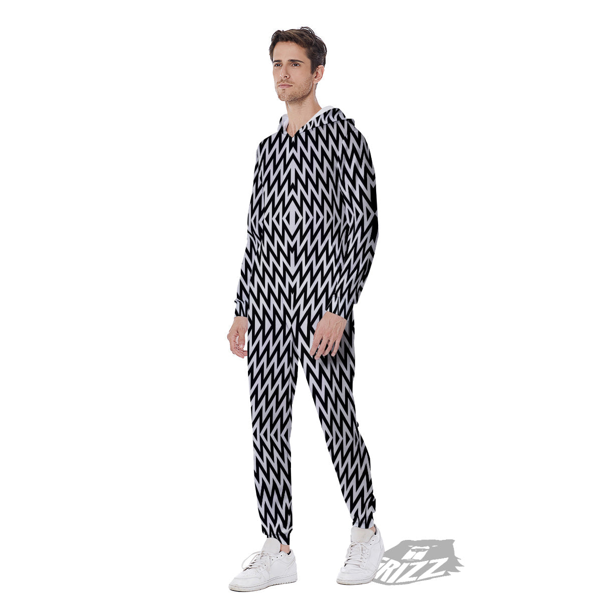 Zigzag Lines Black Print Pattern Men's Jumpsuit-grizzshop